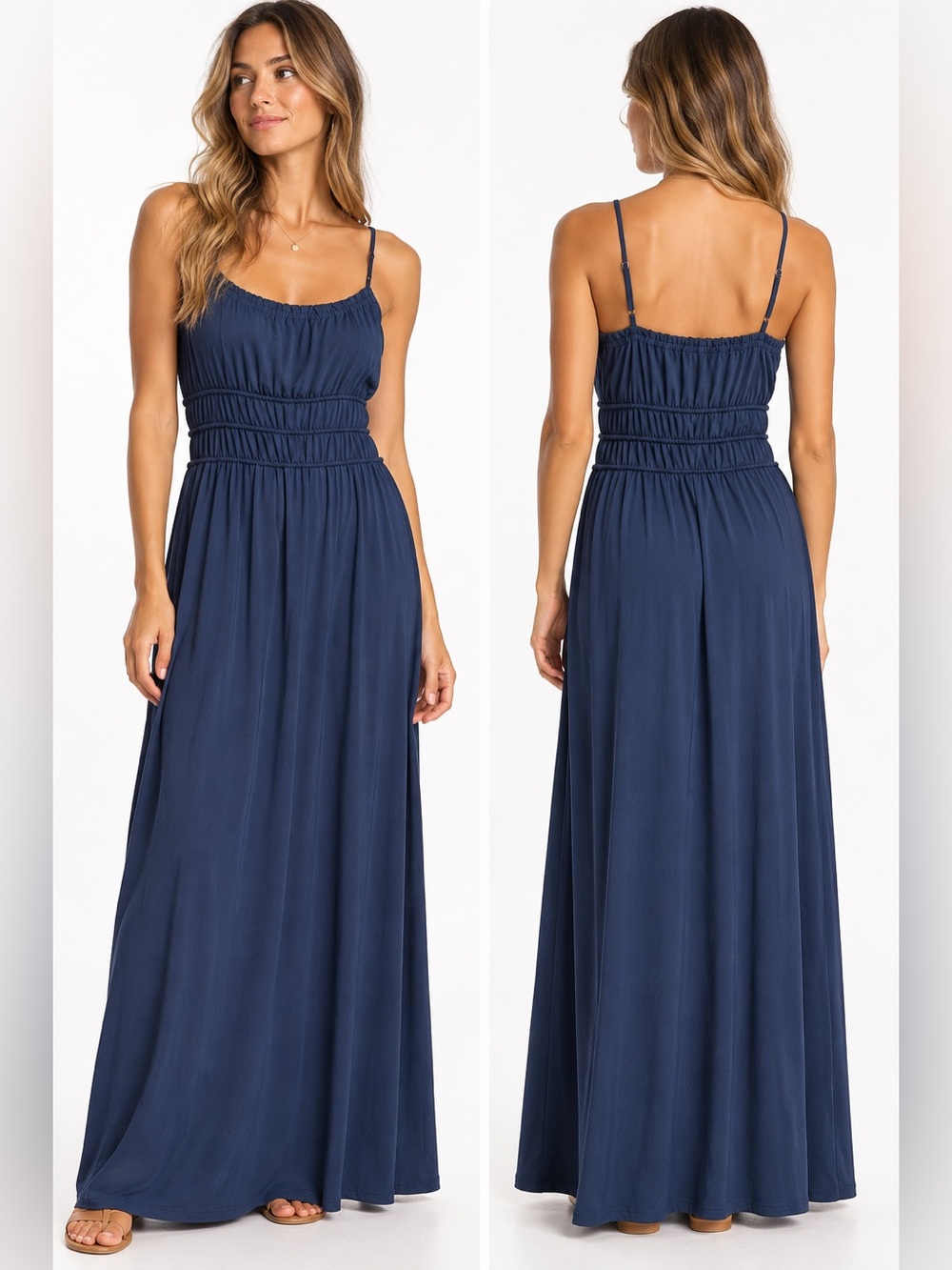 nine britton Navy Smocked Bodice Spaghetti Strap Maxi
